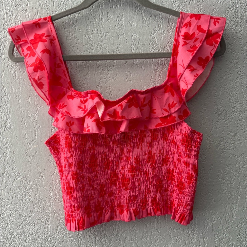 SHEIN Red Floral Ruffle Crop Top